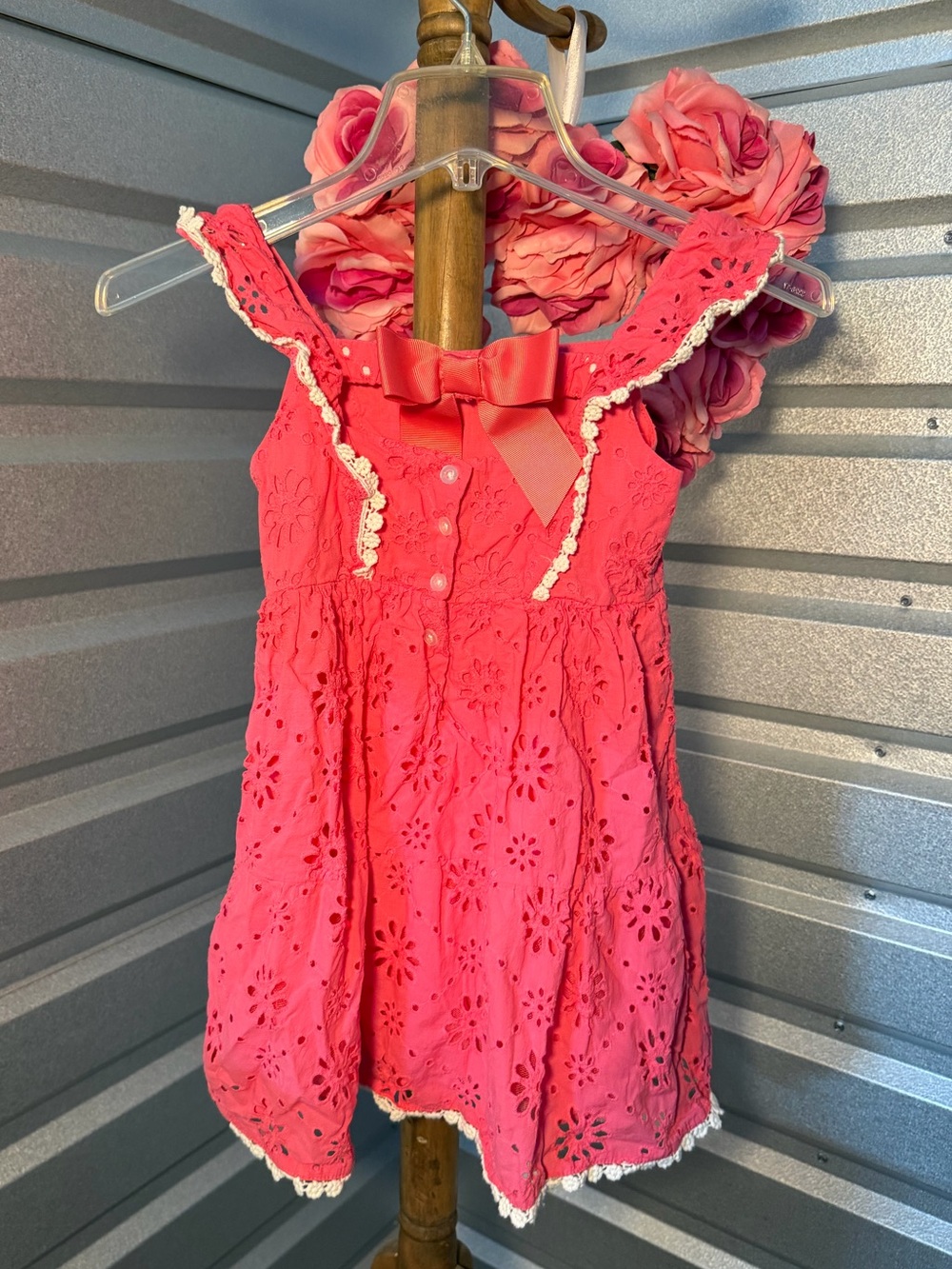 Blueberi Boulevard Hot Pink Eyelet Dress with Grosgrain Bow